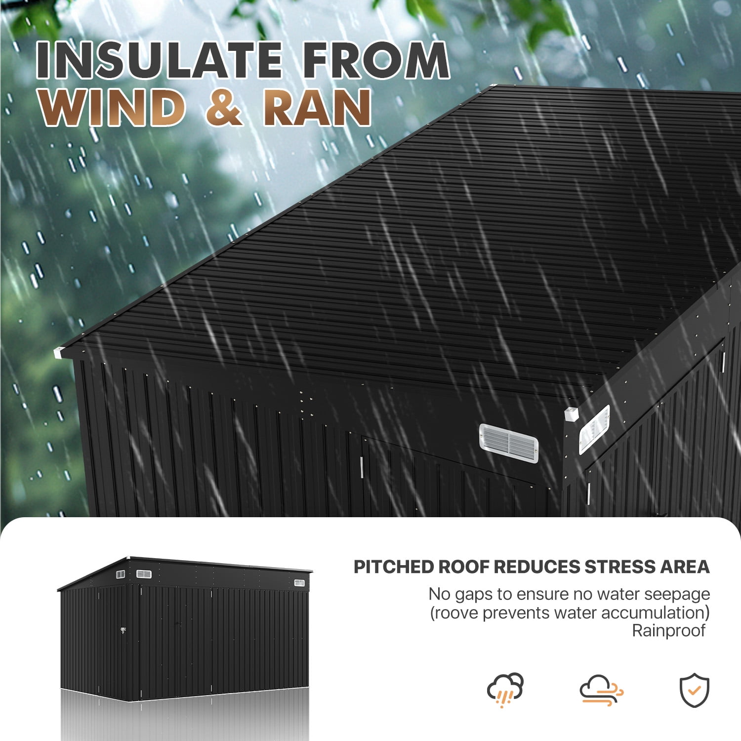 BaPiPro 12'x8' Lean-to Metal Storage Shed, Outdoor Lockable Shed with Triple Doors & Vents for Garden, Backyard, Patio - Black