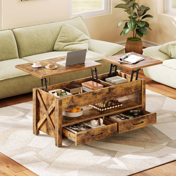 Greenstell Table Basse de Rangement à Plateau Relevable - Style Ferme avec 2 Tiroirs, Compartiment Caché et Plateau Relevable en Bois - Brun Rustique - 37 Pouces