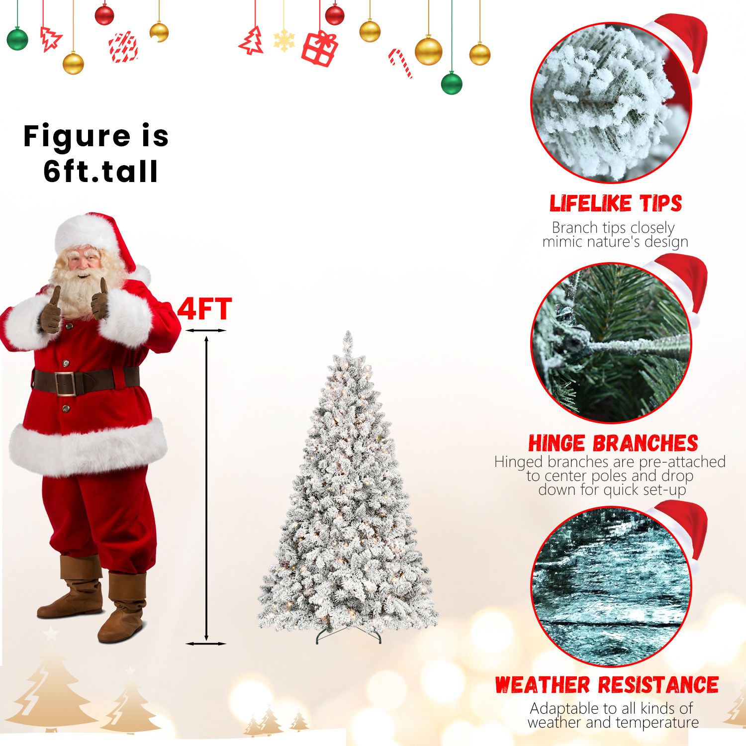 Alvantor 4FT Flocked Christmas Tree with 150 LED Lights & 21 Pine Cones & 366 Tips for Indoor Holiday Decoration White