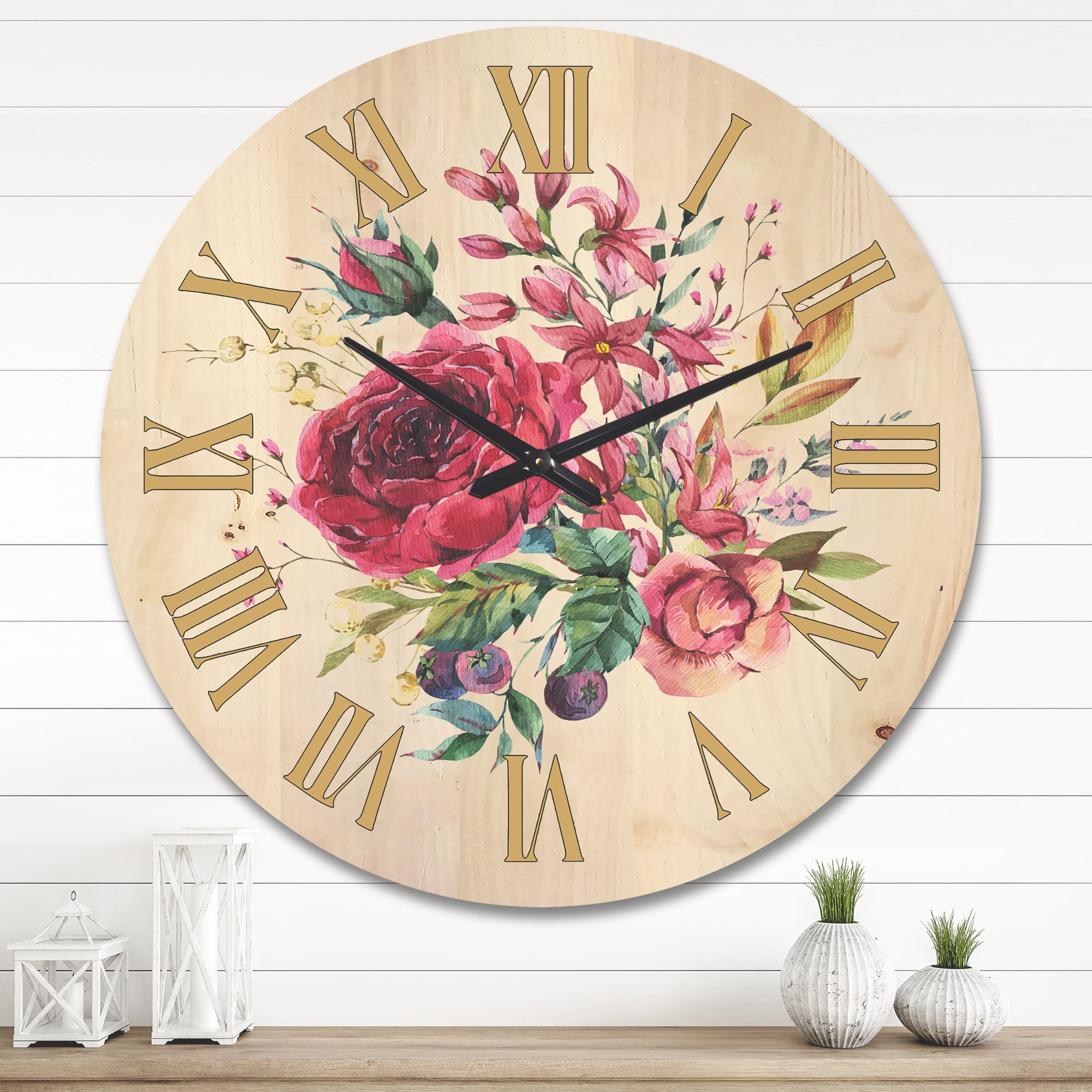 Designart 'Ancient Wildflowers and Burgundy Rose' Farmhouse Wood Wall Clock