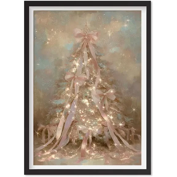 Whimsical Christmas Wall Art | Pink Christmas Tree With Ribbons And Sparkling, Matte Canvas Stretched, Posters for Room Bedroom Living Room Bathroom Wall Decor, Posters & Art Prints, Gift.