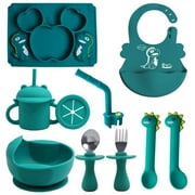 BPA Free Silicone Baby Feeding Set Cartoon Dinosaur Plate with Straw Suction Bowl Spoon Fork Snack Cup Bibs Children Dishes-10PC Set-A