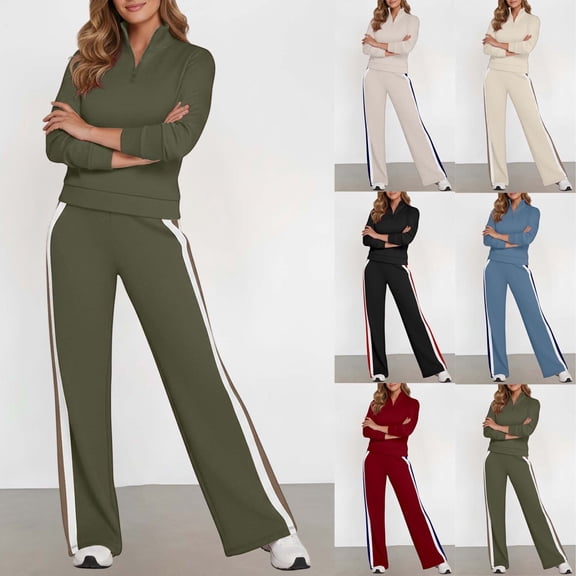 Hpapadks Lounge Sets for Women Long Sleeve Striped Zip Up Tops Wide Leg Pants Athletic Wear 2 Piece Outfits Tracksuits for Women Set