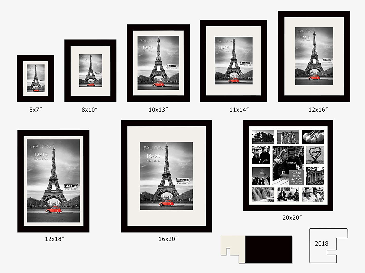 Studio 500 6-Piece Value Pack of 8x10" Black Wall and Tabletop Real Solid Wood Photo Frames with Tempered Glass and Acid-Free Ivory White Beveled Mat Board for 5x7 Pictures