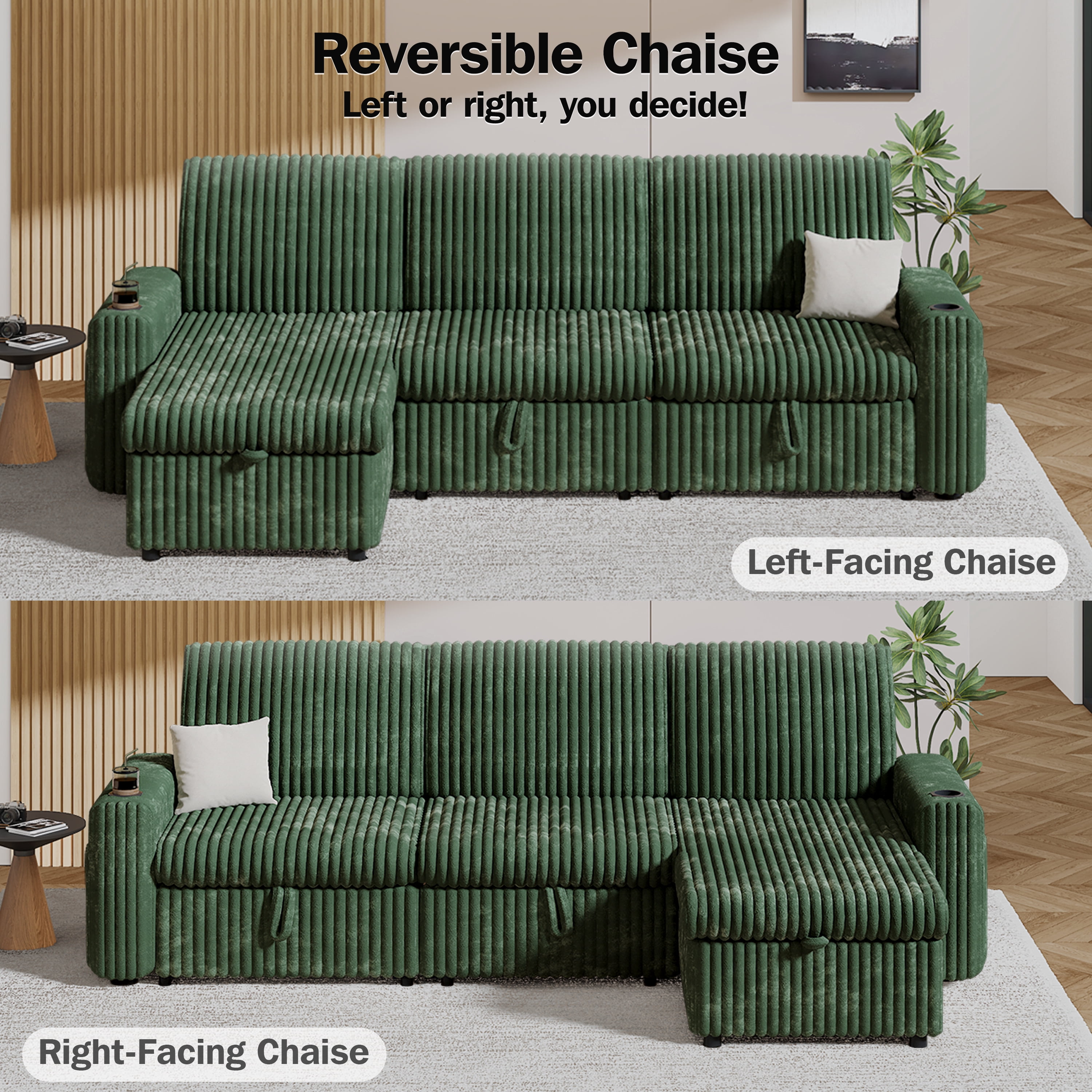 101” Detachable Mattress Sleeper Sofa with Pull-Out Mattress - L-Shaped Design, Adjustable Backrest + Reversible Storage Chaise, USB Ports/Cup Holders, Quick Assembly, Soft Green Corduroy