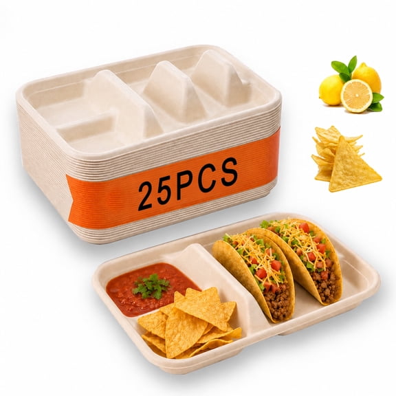 25 Pack Disposable Taco Plates with Dividers for 2 Tacos & 2 Sides, Paper Serving Trays for Fiesta Party Supplies