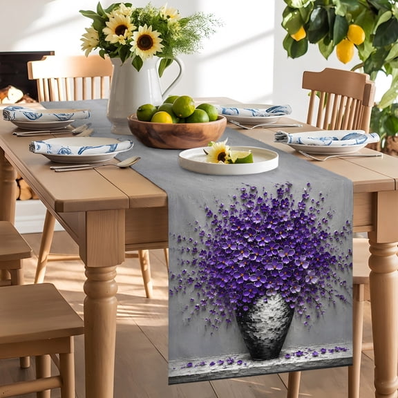 Burlap Table Runner 60 Inches Long, Boho Floral Modern Farmhouse Non-Slip Kitchen Table Runners for Dining Room Everyday Use Party Table Decorations Watercolor Purple Flower