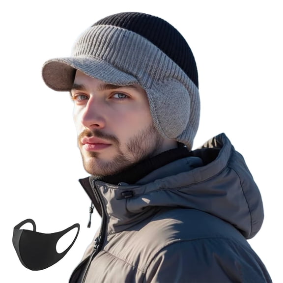 Winter Hat with Ear Flaps & Brim Warm Fleece Lined Knitted Beanie Outdoor Windproof Hat for Men Women Cold Weather