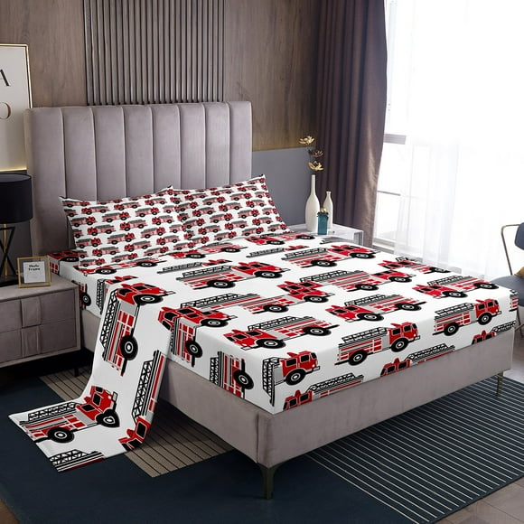 Erosebridal Fire Fighter Car Bed Sheets Set Full Size, Red Truck Bed Sheets Full, Function Vehicle Sheet Set Full, Lightweight Room Decor, 4 Pieces