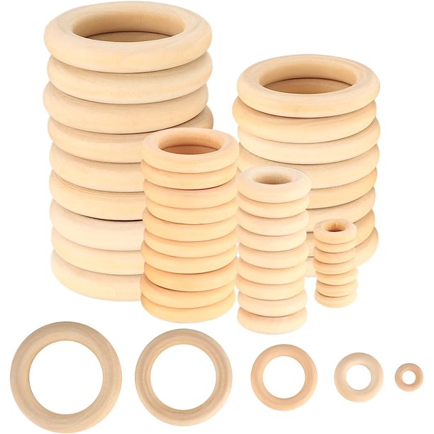 90 piezas de anillos de madera natural, en bruto para artes y manualidades, bricolaje, decoración, fabricación de joyas, mordedor de madera - 15 mm, 25 mm, 35 mm, 45 mm, 55 mm