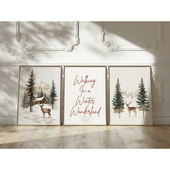 UNFFRAMED Set Of 3 Winter Landscape Poster, Poster Set, Deer, Pine Tree Poster, Winter Wonderland, Home Decor. Snowy Forest Print #301 Set 3 Prints 8x12