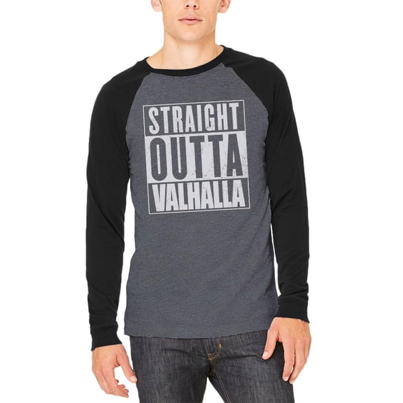 Straight Outta Valhalla Viking Valkyrie Adult Long Sleeve Raglan T-Shirt Heather Black-Black SM