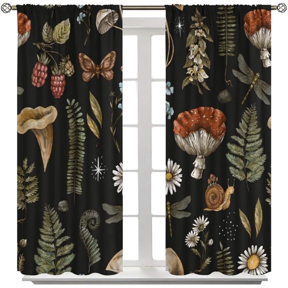 Vintage Red Mushroom Curtain Decor,Rustic Green Plant and Floral on Black Background for Home Kitchen Restaurant Decoration Window Curtain 2Panel 42" W X 63" L