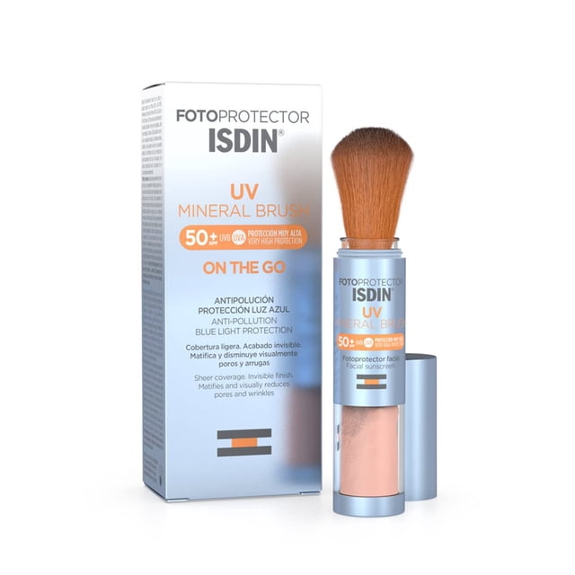 ISDIN Fotoprotector Uv Mineral Brush Spf 50+, Protector Solar Facial De Uso Diario On The Go, Activos Antipolucion, Matificante, Acabado Invisible, 2 G
