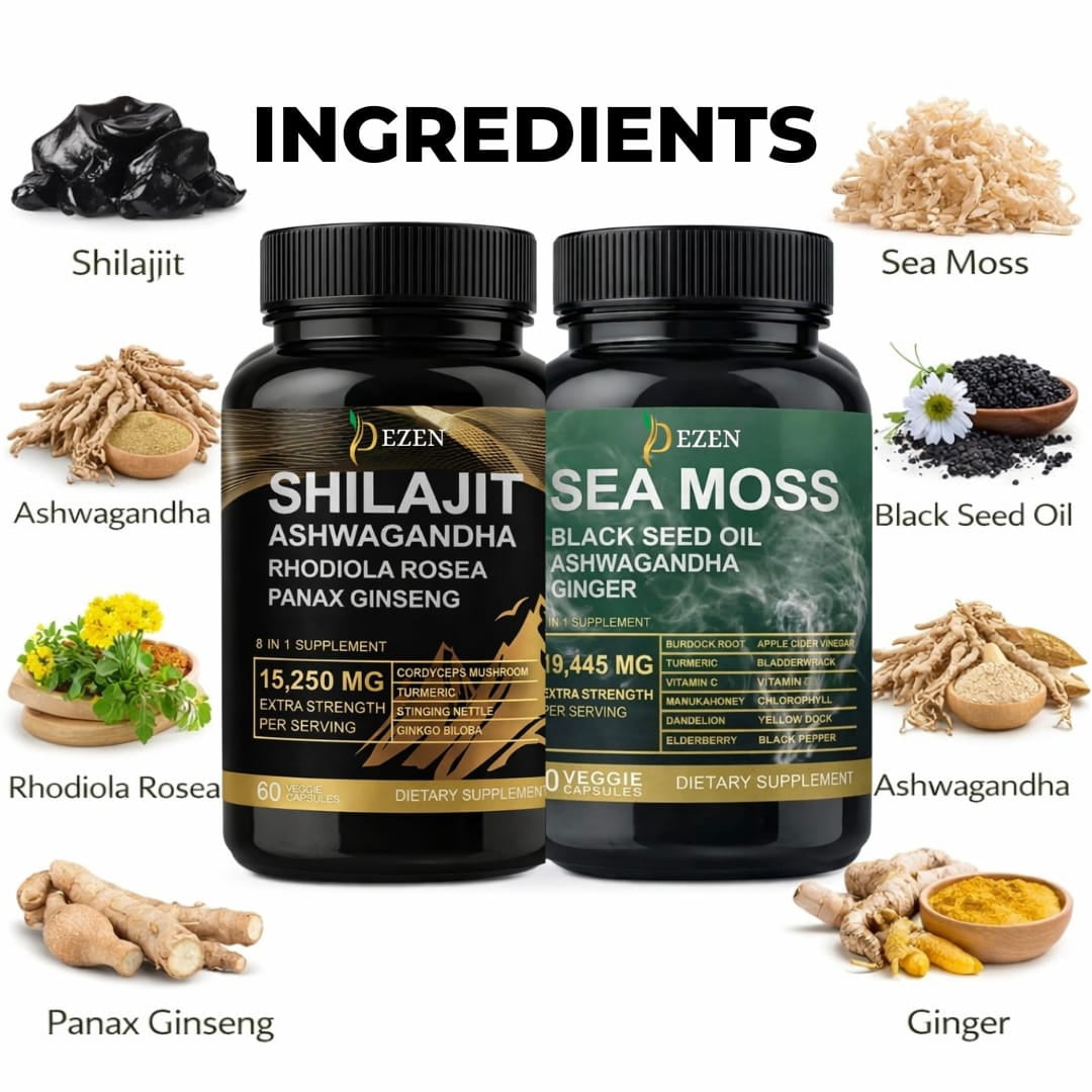 Premium Shilajit & Sea Moss Capsules Combo Pack with Ashwagandha, Turmeric, Black Seed Oil, Irish Sea Moss Blend, 30 Servings