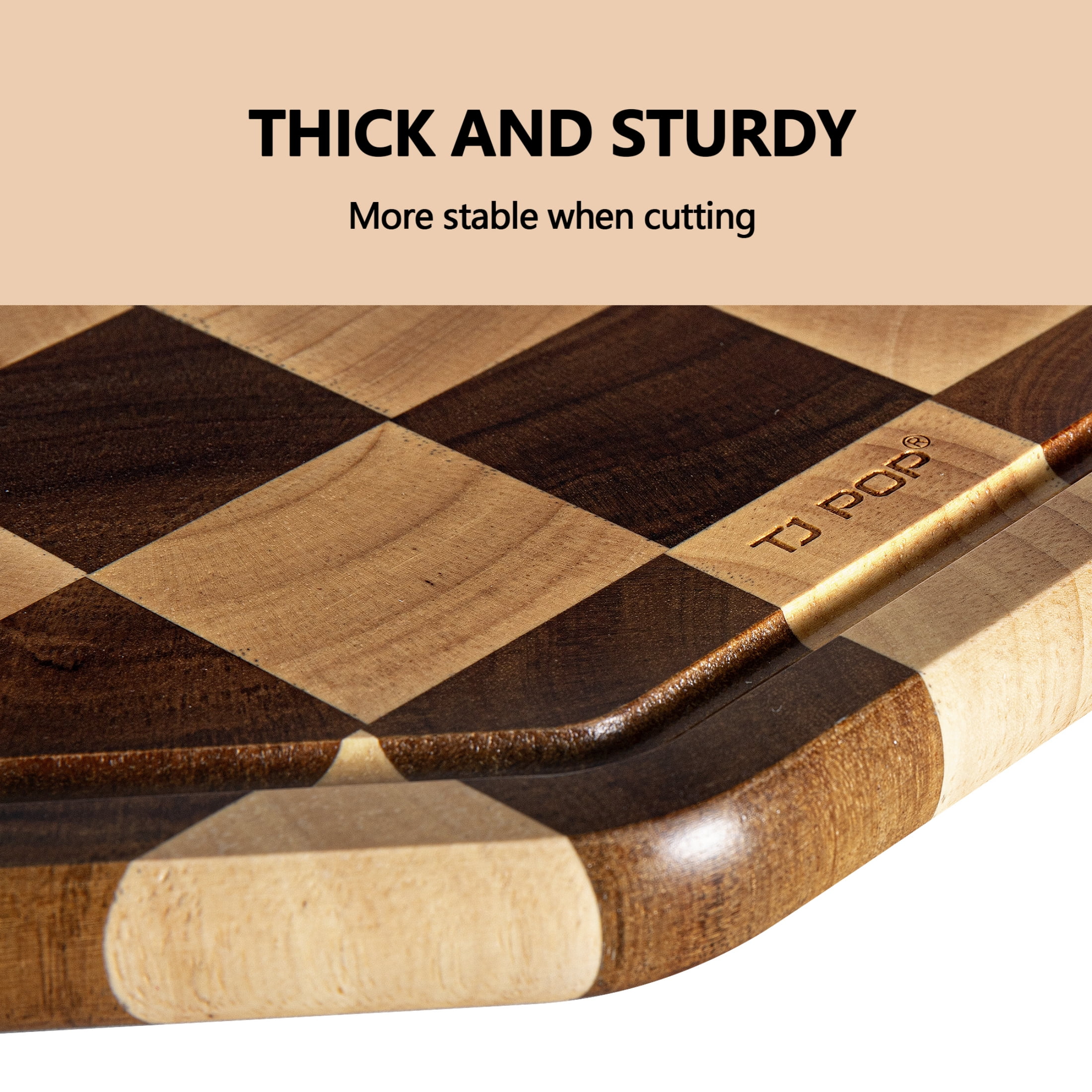 TJ POP End Grain Acacia Wood Cutting Board with Juice Groove, 12" x 12" x 0.8"