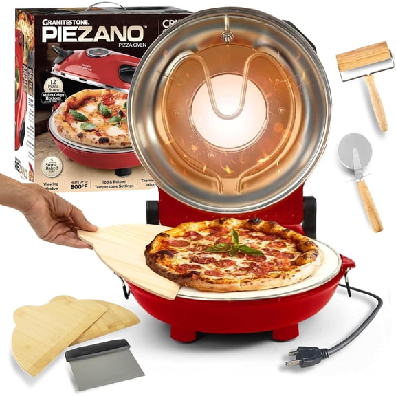 Piezano Pizza Oven Exclusive Bundle with Pizza Cutter Dough Roller by Granitestone, Electric Indoor Portable, 12 Inch Indoor Pizza Oven Countertop Heats up to 800˚F As Seen on TV Products