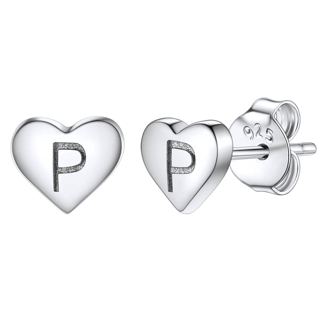 Pendientes de corazón inicial de Silvora, tachuelas de plata esterlina hipoalergénicas para mujer, diminuta letra P, dijes de oreja, regalo de joyería para cumpleaños, día de la madre