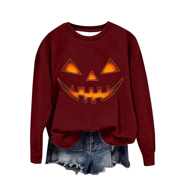 HAOTAGS Long Sleeve Halloween Shirts for Women, Graphic Crew Neck Fall Casual Pullover Tees Red M