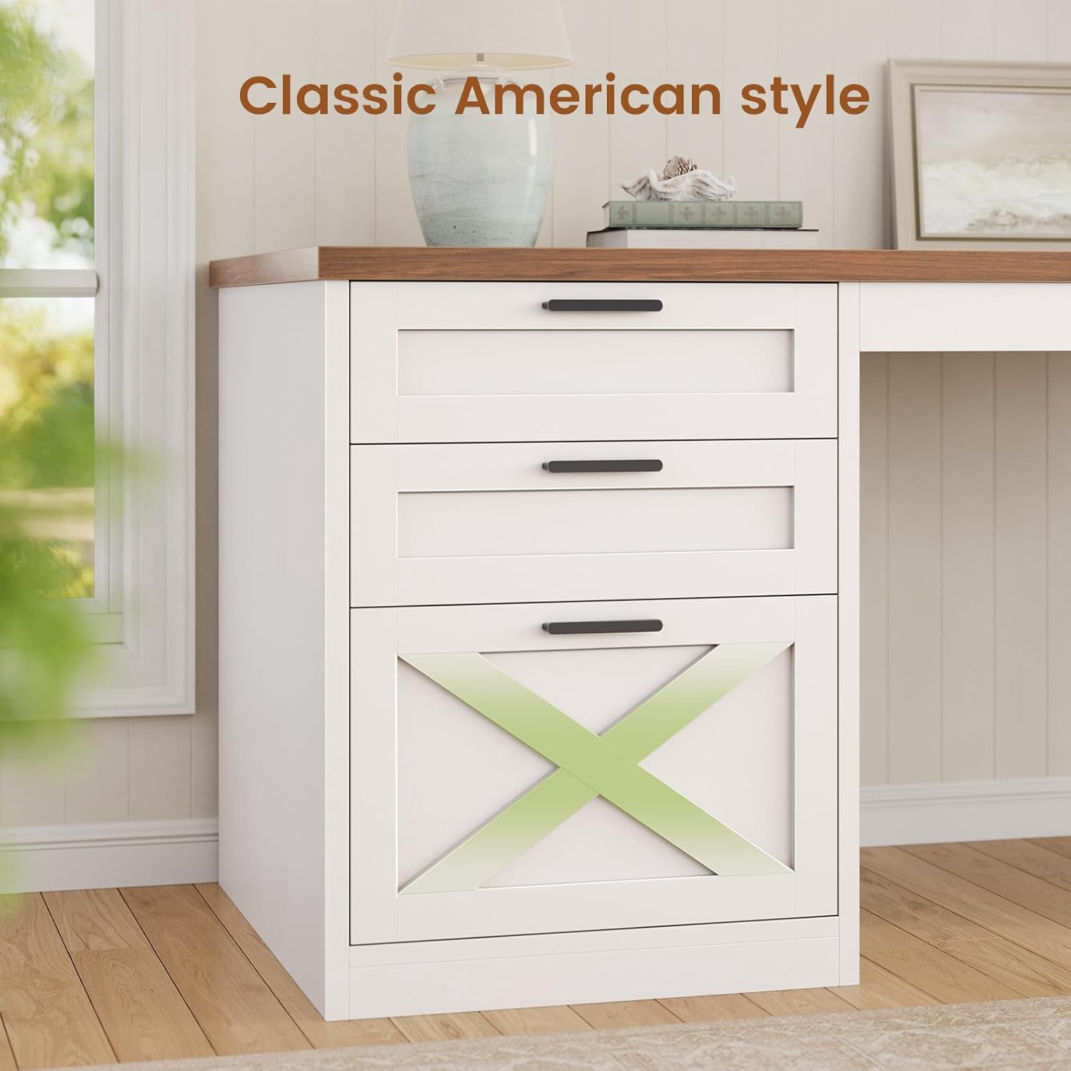 Farmhouse Desk with Storage, L Shaped Desk with Power Outlets & File Drawer, Corner Desk with Spacious Desktop & Open Shelves for Home Office, Computer Desk with 3 Drawers, White & Brown Top