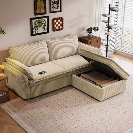 FFZ 85 inch Convertible 2-in-1 Sofa Bed with Plush Fabric for Living Room, Camel