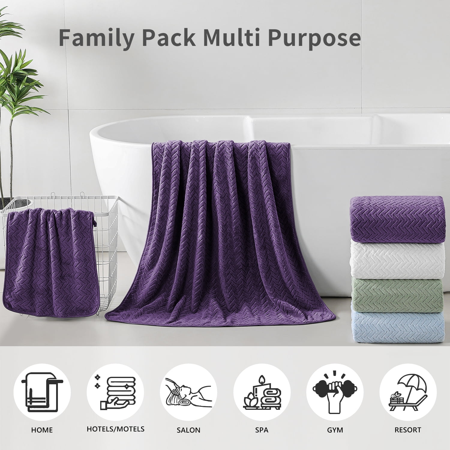 Covina Home 8-Pack Deep Purple Bath Towel Set, Oversized Ultra Soft Microfiber Bathroom Towel Set Adult Luxury Lightweight Cozy Collection