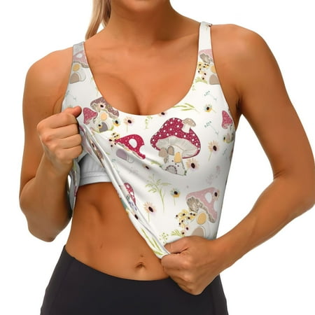 Qokaie Floral Mushroom Pattern Womens Scoop Neck Sports Bra Breathable Workout Vest Padded U Back Medium Impact Fitness Gym Yoga Bra Workout Crop Top