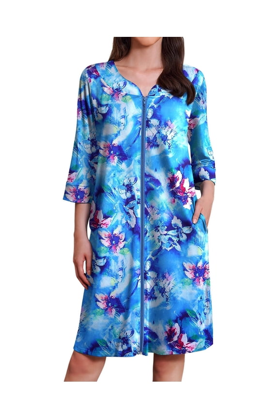 Zipper Robes for Women 3/4 Sleeves Housecoat Soft Nightgowns Sleepwear Mumu House Dresses with Pockets S-XXL