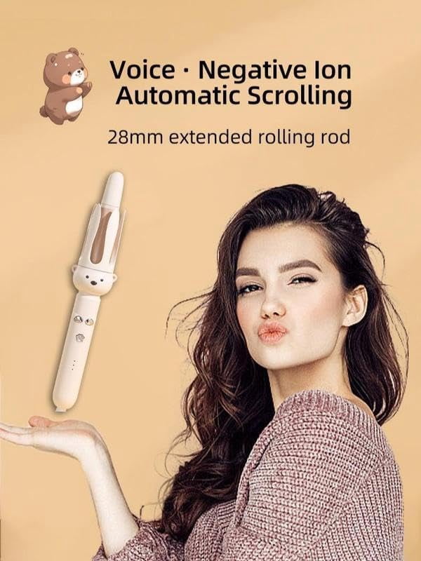 Cute Bear Automatic Hair Curler, 32mm Auto-Rotating Ceramic Curling Iron with 4 Temperature Settings, Anti-Tangle & Anti-Scald Design