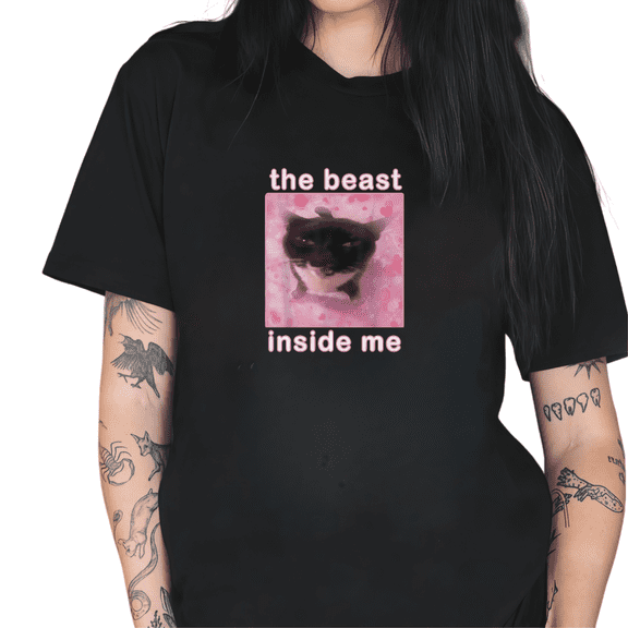 Black The Beast Inside Me Angry Cat Meme Pink Heart Funny Graphic Tees Print Tshirt Shirts Humorous Cat Lover Tops S-5XL