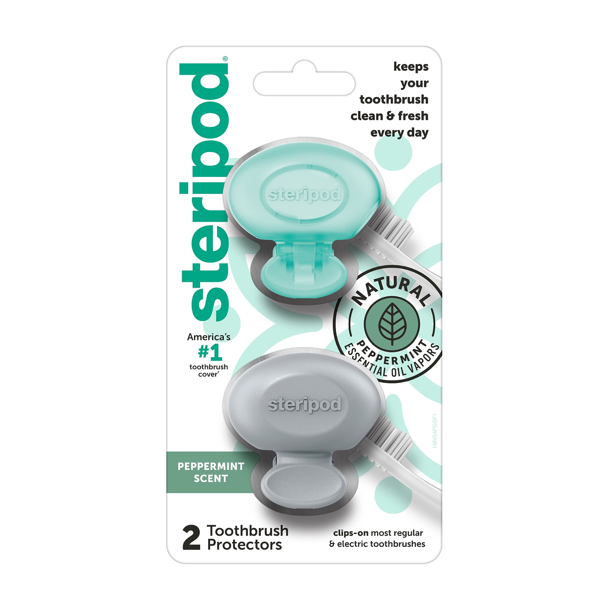 Steripod Clip-On Toothbrush Protector with Peppermint Essential Oils, Keeps Toothbrush Fresh and Clean, Fits Most Manual and Electric Toothbrushes, 2 Count