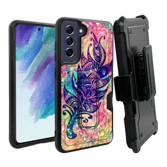 ANJ  Rugged Dual Layer Hybrid Holster Kickstand Case w/ Card Slot   Tempered Glass Cover for Samsung Galaxy S21 FE 5G - Dream Tribal Feather