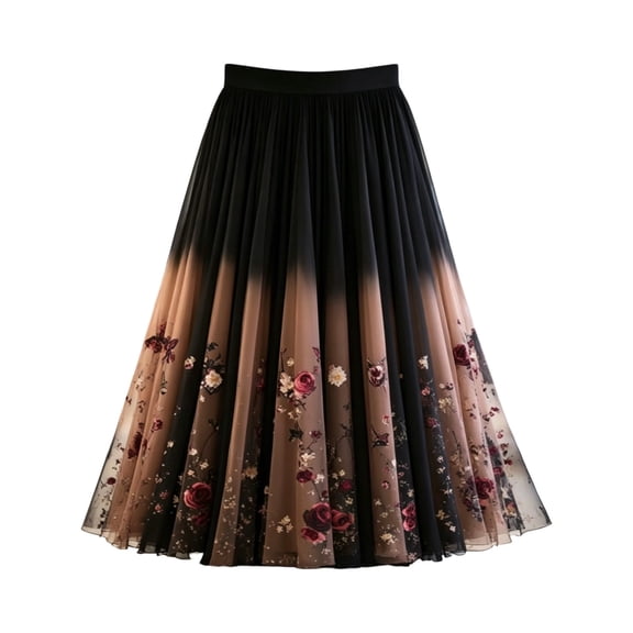 Wxolcjlv Womens Floral Print Midi Skirt Gradient Tone Elastic Waist Full Swing Cut Daily Skirts