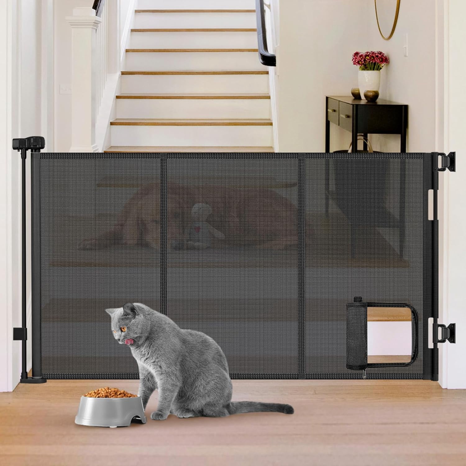 Reinforced 60” Wide Retractable Dog Gate with Cat Door Gates for Pets with Reinforced Strips 33” Tall Mesh Baby Gate Retractable Pet Gates for Dogs Indoor with Door Cats Can in and Out Freely, Gray