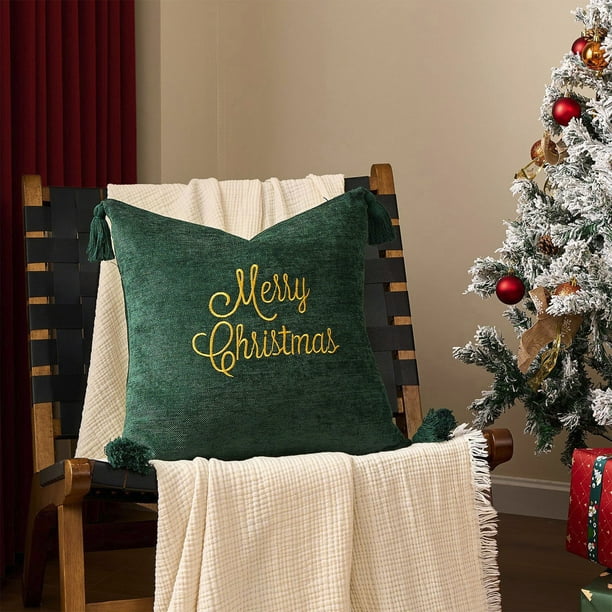 Funda de Cojín Bordada con Árbol de Navidad | Suave y Afelpada | Decoración Navideña | Funda de Cojín Roja y Verde de 45X45 Cm para Sofá y Silla