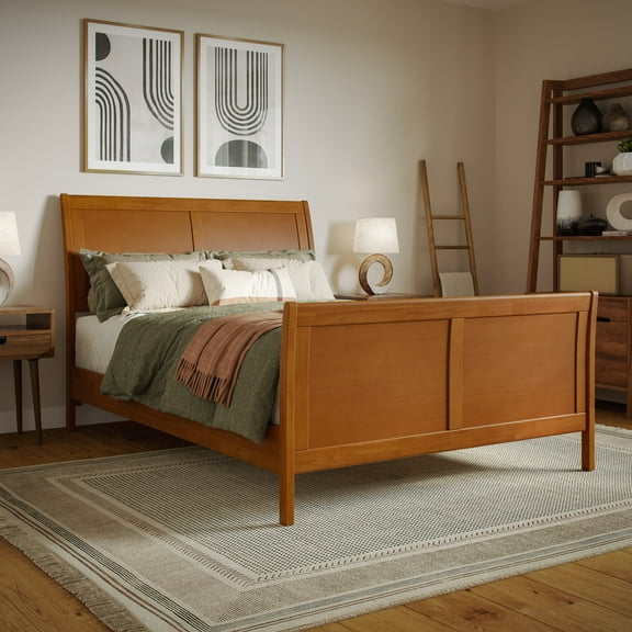 Valencia Full Low Wood Platform Bed with Matching Footboard in Light Toffee
