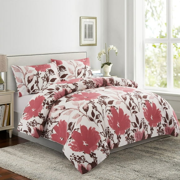 Marina Decoration Ultra Soft Silky Zipper Rich Printed Rayon from Bamboo All Season Duvet Cover Set with Pillowcases, Pink Red Floral Pattern