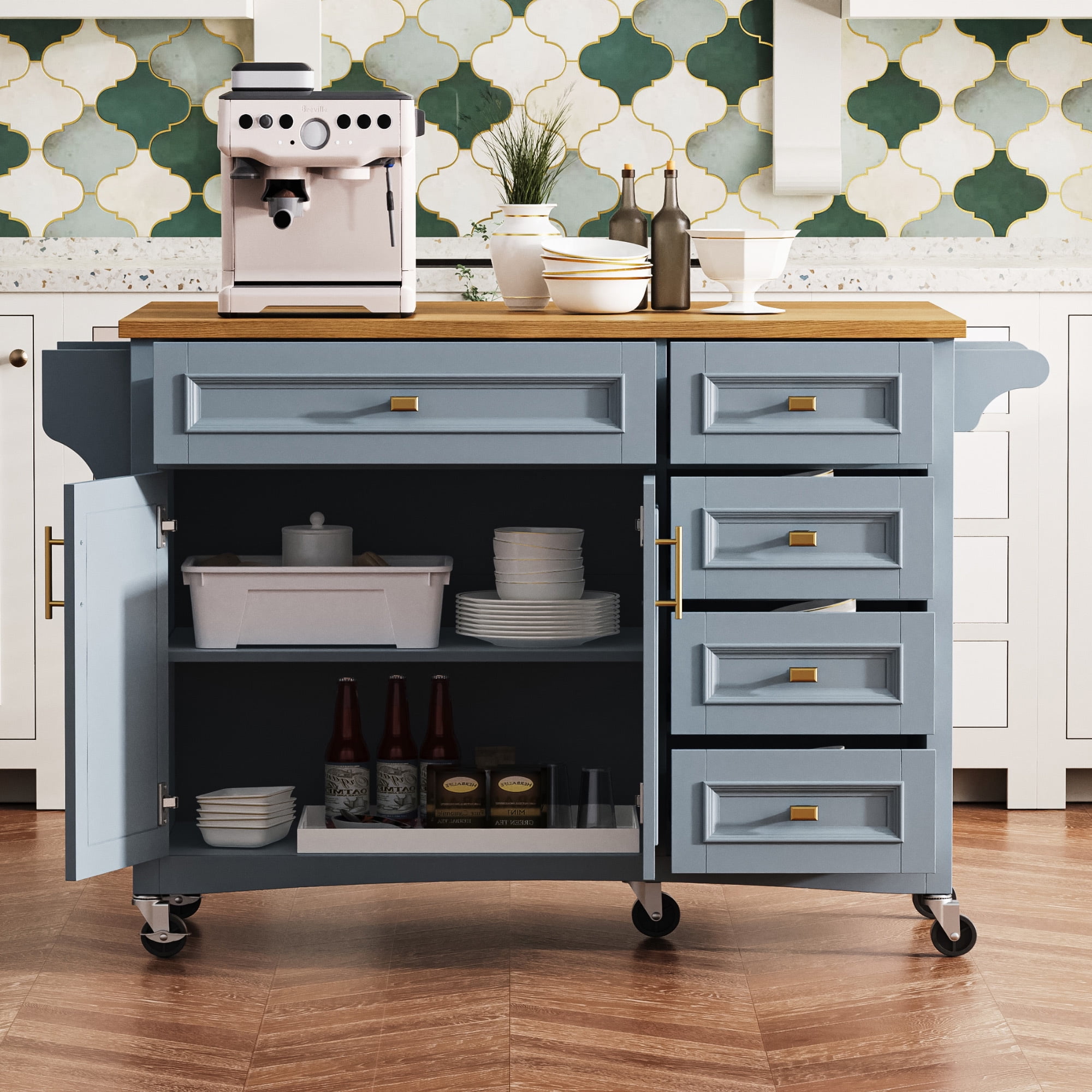 Euroco 52" Kitchen Island with Drop Leaf,Rolling Kitchen Island Cart on Wheels with Spice Rack,Towel Rack,2 Doors and 5 Drawers for Dining room,Blue