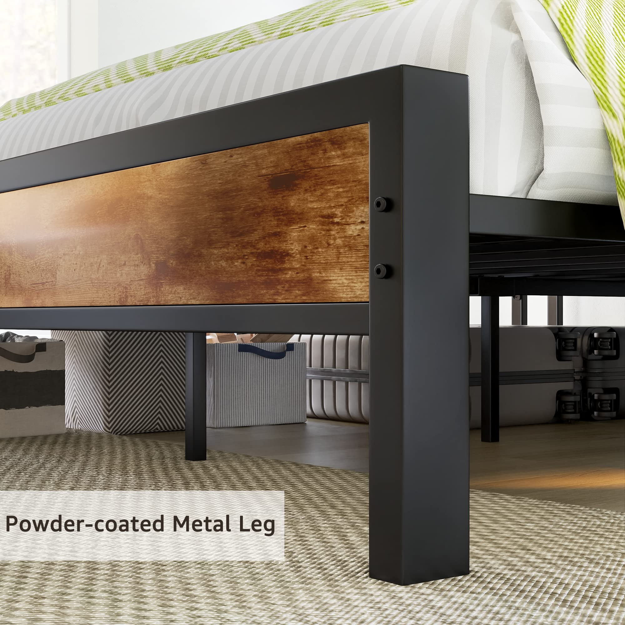 VanAcc Full Size Metal Bed Frame with 2-Tier Storage Headboard and Charging Station, Rustic Brown