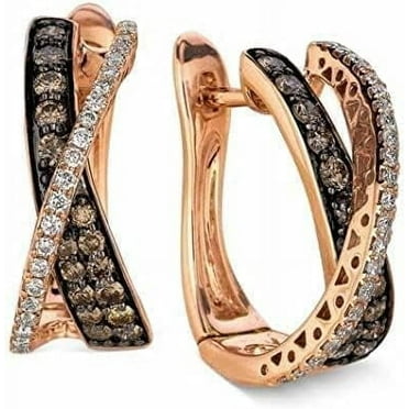 beryl_creation 14K Rose Gold Plated 1.80 Ct Round Cut Chocolate Brown Diamond Crisscross Hoop & Huggie Clip On Earring's 925 Sterling Silver For Women's