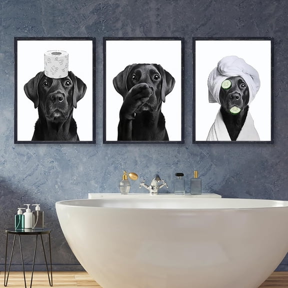 Funny Bathroom Canvas Wall Art Cute Labrador Dog Poster Black And White Animal Aesthetic Prints Painting For Home Restroom Washroom Lavatory Toilet Wall Pictures Decor (Framed canvas)
