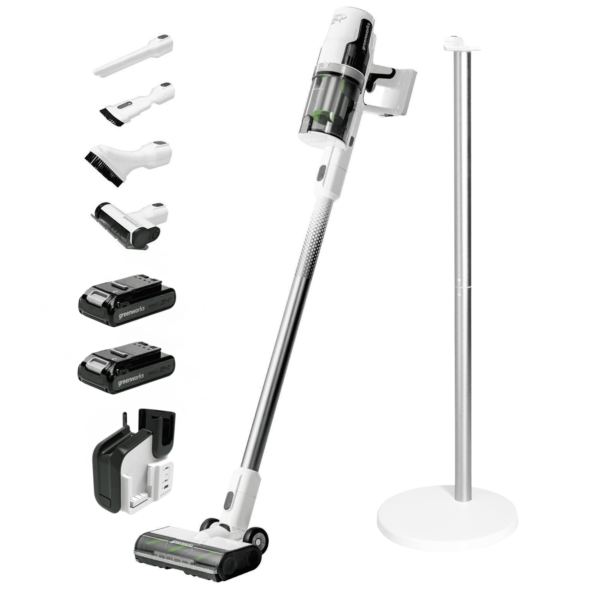 Greenworks, Cordless Stick Vacuum, 24V Deluxe Brushless, White