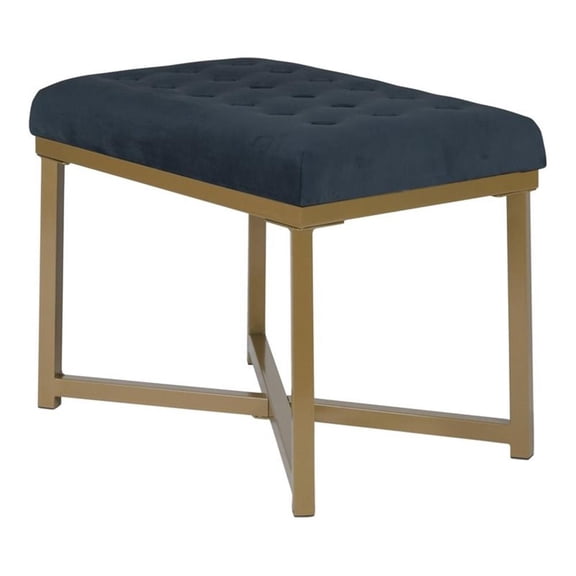 Pemberly Row Modern Metal Bench with Velvet Seat in Dark Blue Finish
