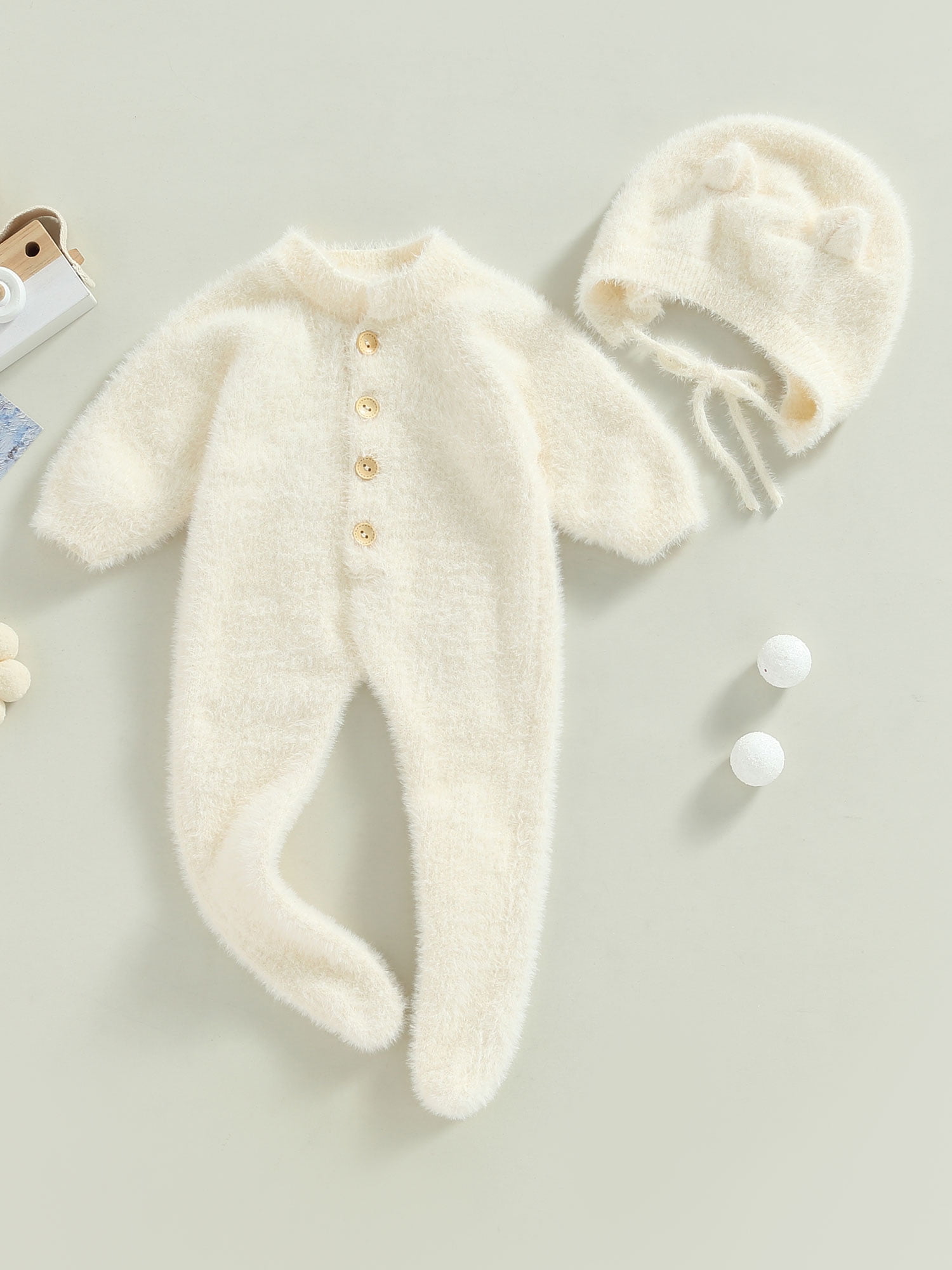 Arvbitana Infant Baby Girl Boy Plush Jumpsuit Long Sleeve Round Neck Button Closure Solid Color Playsuit  + Hat Winter Warm One Pieces Clothes for Infant 2Pcs 0-24M