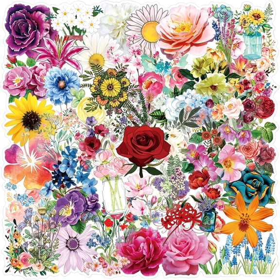 KAISA 60 Pcs Transparent Colorful Pet Floral Stickers,Waterproof Vinyl Retro Fresh Flower Decals for Skateboard,Fridge,Laptop,Phone,Luggage Flower Pet Tape Stickers (A)