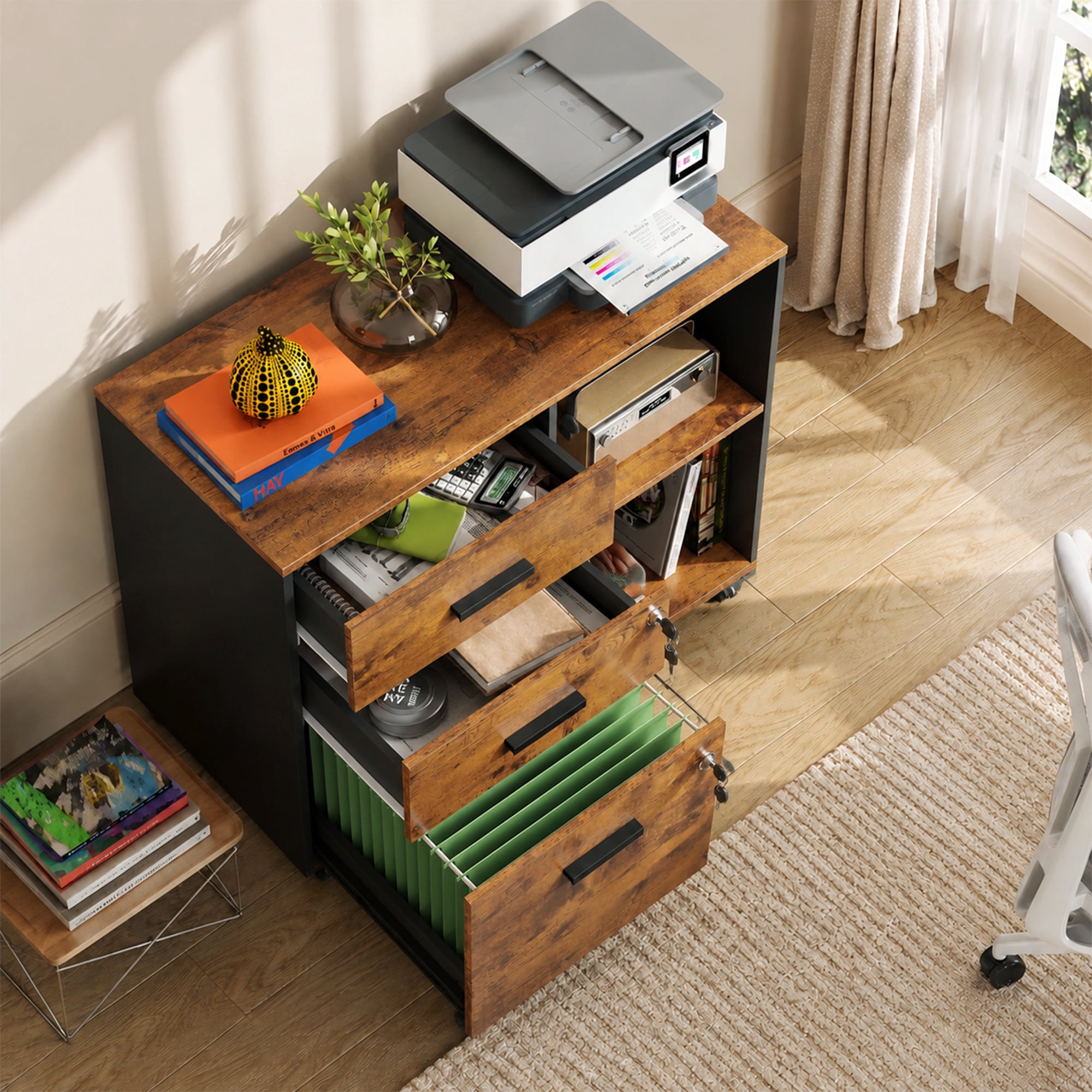GALAXHERO 3-Drawer Locking Wood File Cabinet, Mobile Lateral Filing Cabinet, Printer Stand with Open Storage Shelves for Home Office, Rustic Brown