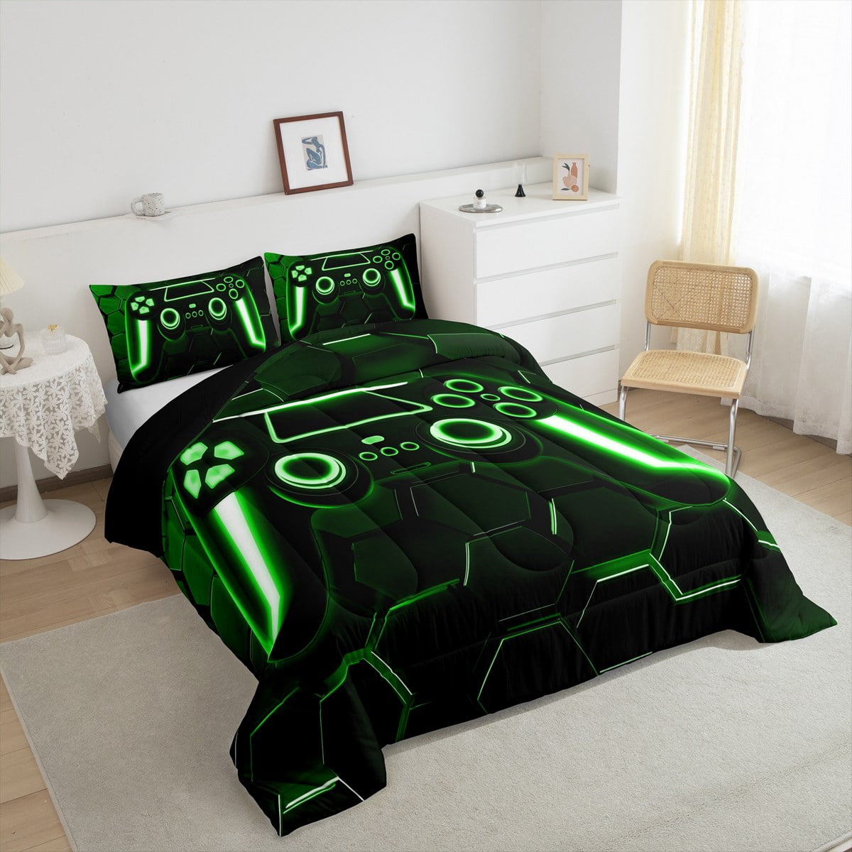 Feelyou 3D Gamepad Bedding Comforter Set, Neon Honeycomb Geometric Twin Comforter Sets, Boys Gaming Gamer Bedding Set, Ultra Soft Room Decor, 2pcs
