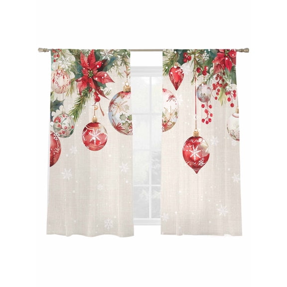 Christmas Balls Poinsettia Sheer Curtains 2 Panels Set, Fir Leaves Winter Snowflakes Retro Linen Window Sheer Curtains for Living Room/Bedroom, Light Filtering Rod Pocket Voile Drapes, 52" W x 72" L