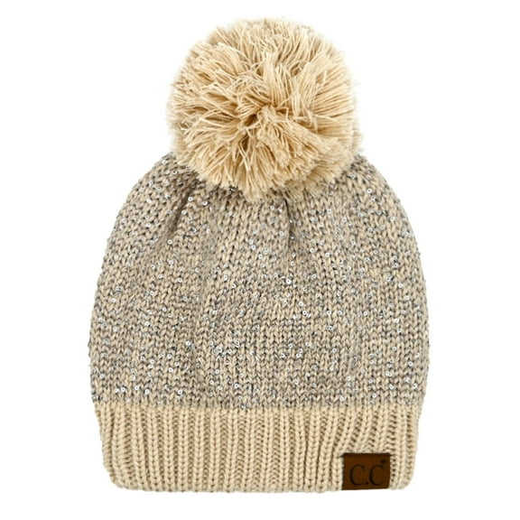C.C Sequin Pom Winter Beanie Sparkle Cozy Warm Hat Unisex, Beige