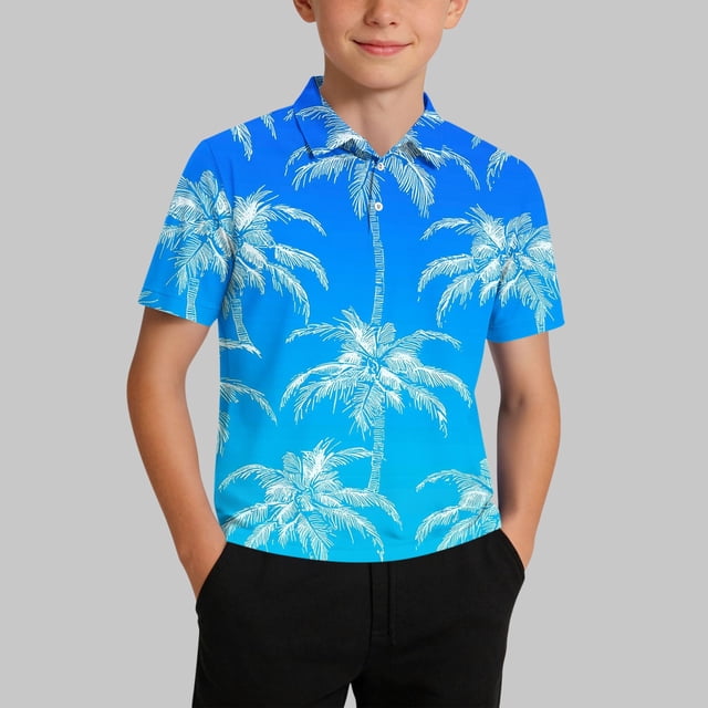 Zpanxa Chemise Garçon à Boutons, Imprimé, Col à Revers, Manches Courtes, Chandail Décontracté à Enfiler en Polyester, 5-6 Ans